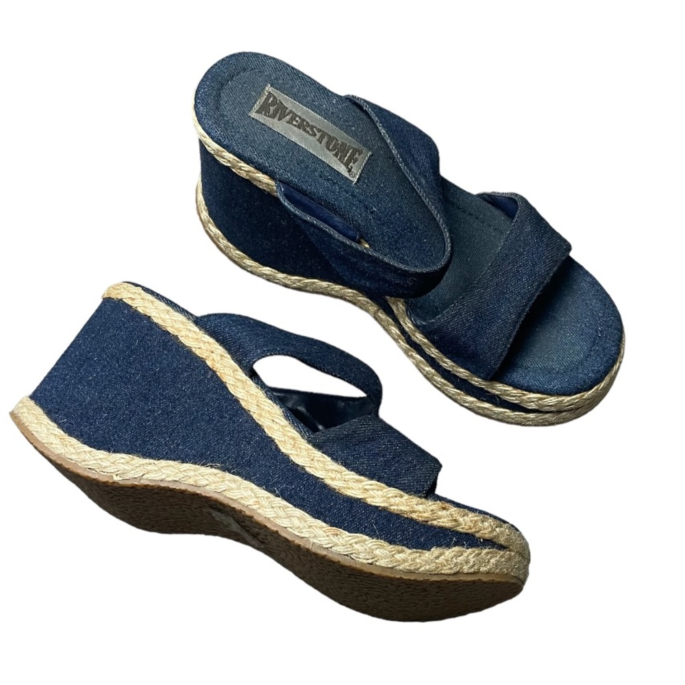 Vintage Riverstone Denim Platform Wedge Sandals Y2K Size 8B Rare